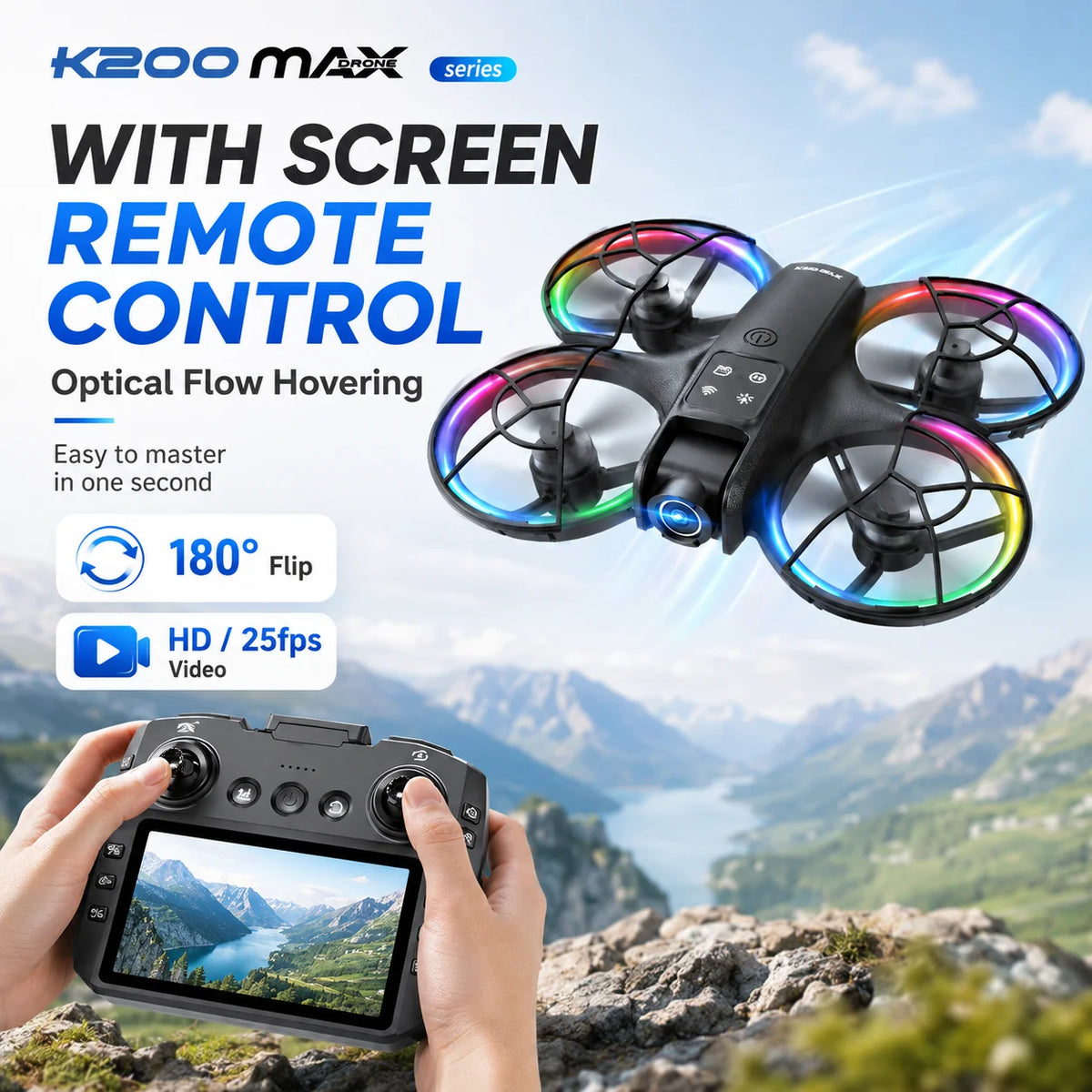 ZNLYRION Mini Drone K200MAX Full Protected With LCD Screen Remote 180 Electric Adjustable Camera Brushless Motor Optical Flow Hover RGB Colorful Light RC Quadcopter