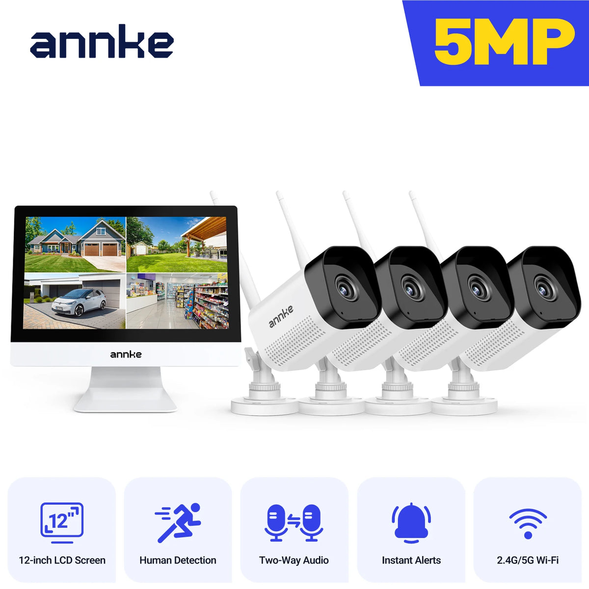 Annke 8MP wifi security camera 12 in LCD 2.4G 5.8G 4k wireless camera system Two-way voice IR night vision Outdoor wifi camera