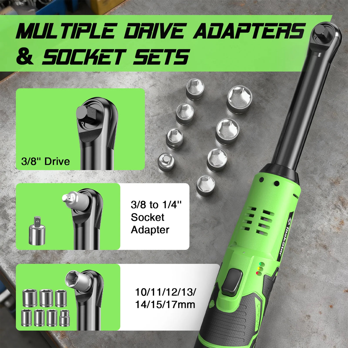 TaskStar 3/8-1/4" Driver 6-inch Extended Electric Ratchet Wrench With 2 2.0Ah Batteries&7 Sockets Rechargeable Angle Wrench Kit