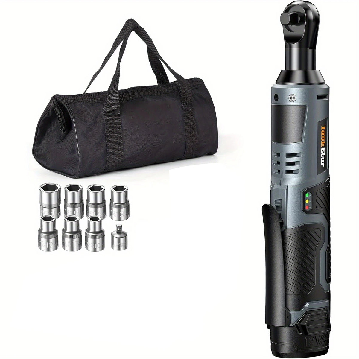 TaskStar 12V Cordless Right Angle Electric Wrench 3/8" Ratchet Wrench Disassembly Nut Car Repair Tools w/7 Sockets&2 Batteries