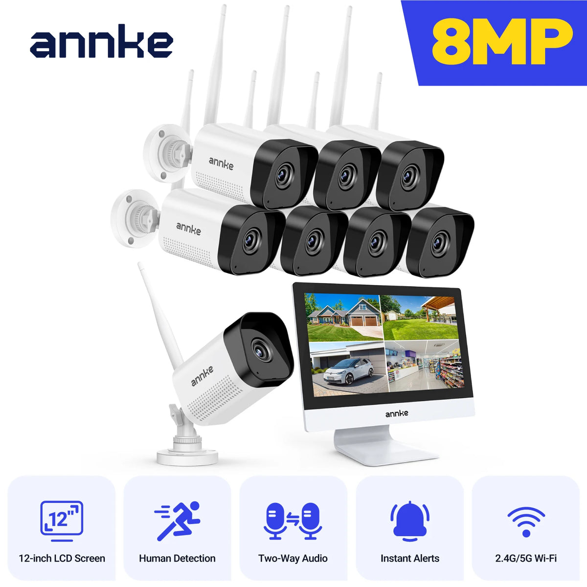 Annke 8MP wifi security camera 12 in LCD 2.4G 5.8G 4k wireless camera system Two-way voice IR night vision Outdoor wifi camera