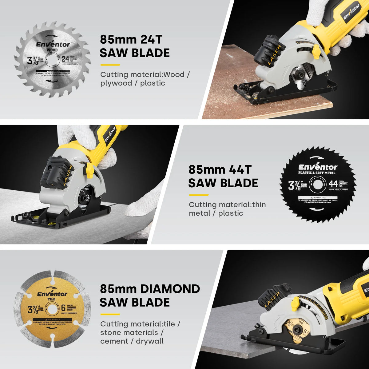 Enventor Mini Circular Saw 580W Motor Electric Circular Saw With 3 Saw Blades 4000RPM Cutting Depth 27mm for Wood Cutting
