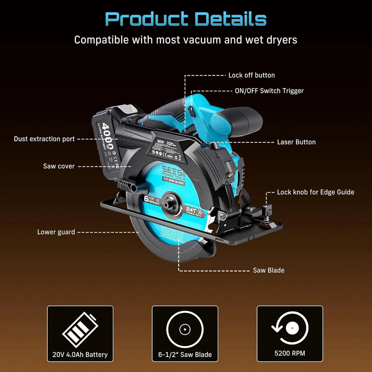SEESII 6-1/2" Cordless Circular Saw 5200 RPM Electric Power Saw 45degree Cut Adjustment Saw Tool for Precise Wood Cutting