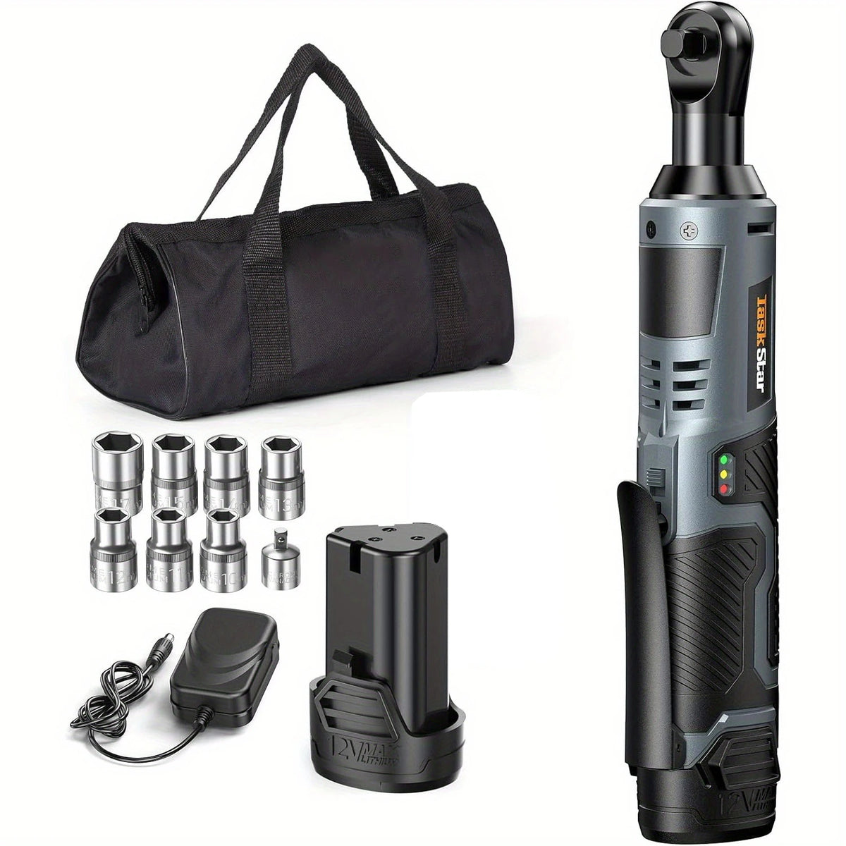 TaskStar 12V 3/8" Electric Ratchet Wrench Set w/ 2.0Ah Battery Rechargeable Angle Wrench 40Nm Disassembly Nut Car Repair Tool