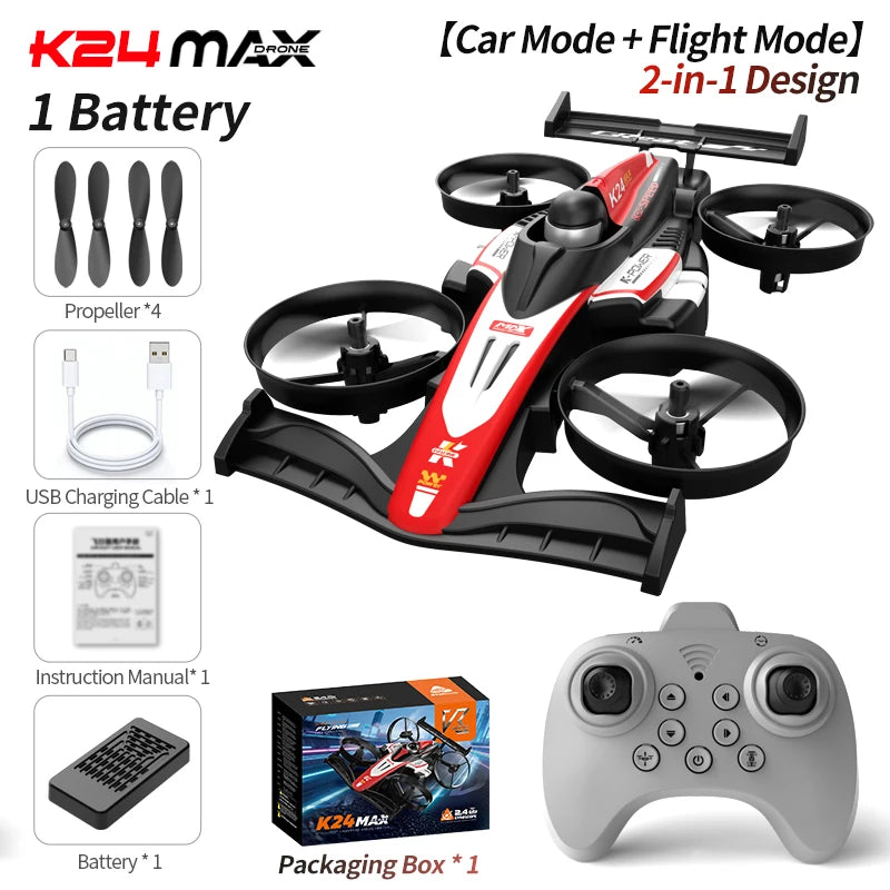 Look here! A mini car and drone combo - a dual-mode, multi-functional gift! One-button takeoff, stable hovering, racing mode, headless mode, and 360° aerial flips. The perfect Christmas gift or a fun birthday present!