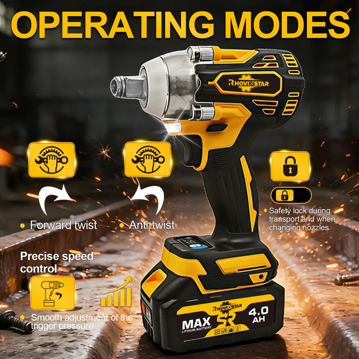RhovixStar 20V Brushless Cordless Impact Wrench 580Nm High Torque 1/2 Inch Electric Power Impact Gun Kit with 2x 4.0Ah Batteries Charger Sockets Case for Car Lug Nuts