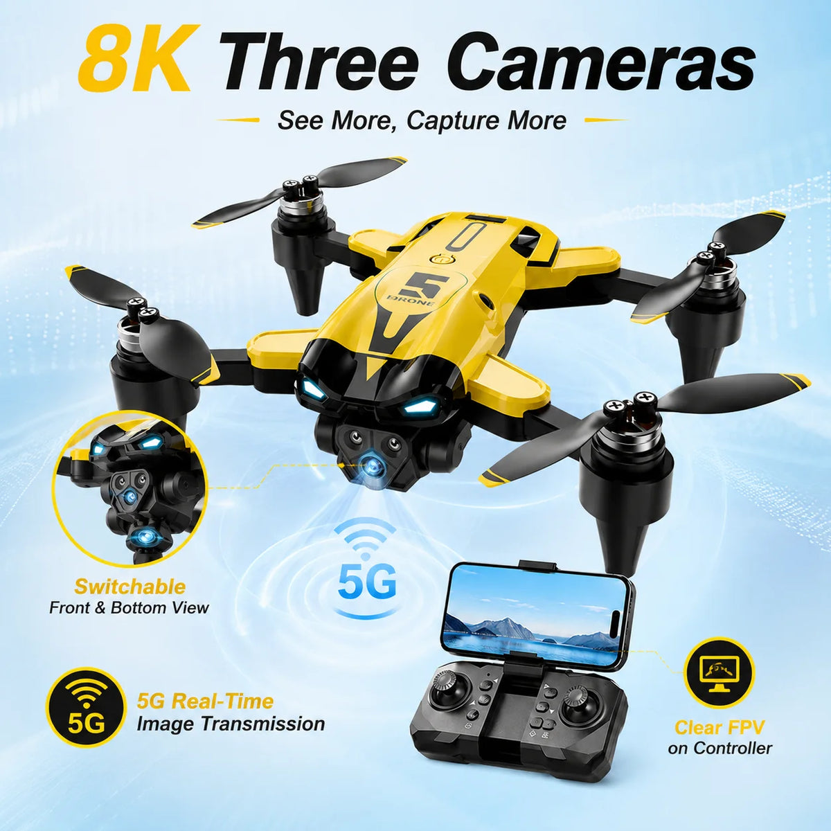 ZNLYRION 8K RC Drone Brushless M5 Three Cameras Optical Flow Hover Foldable FPV RC Quadcopter Obstacle Avoidance Drone Toy