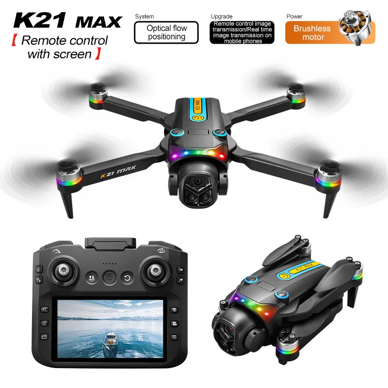 ZNLYRION RC Drone K21MAX Foldable Brushless Drone With Screen Remote EIS Dual Electric Camera Optical Flow Hover Colorful LED Light RC Quadcopter