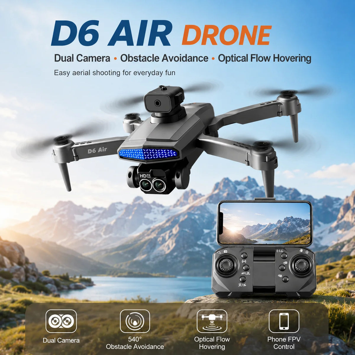 ZNLYRION RC Drone D6 Air Foldable 4K Dual Camera WiFi FPV Quadcopter with Optical Flow Hovering 540° Obstacle Avoidance 50X Zoom 2.4GHz 4CH Remote Control Drone with Storage Bag