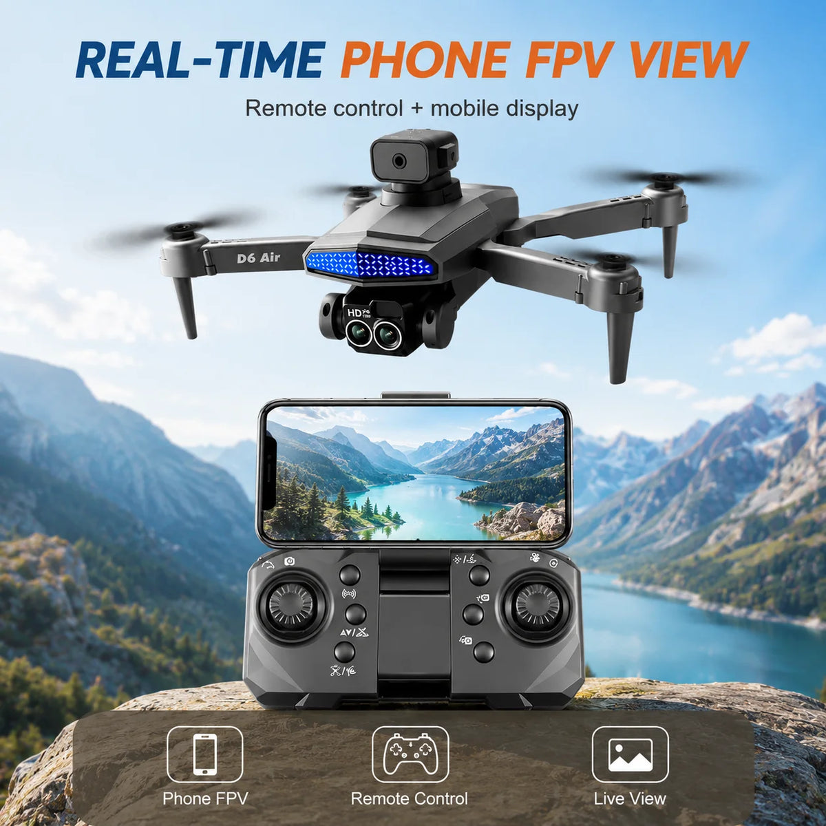 ZNLYRION RC Drone D6 Air Foldable 4K Dual Camera WiFi FPV Quadcopter with Optical Flow Hovering 540° Obstacle Avoidance 50X Zoom 2.4GHz 4CH Remote Control Drone with Storage Bag