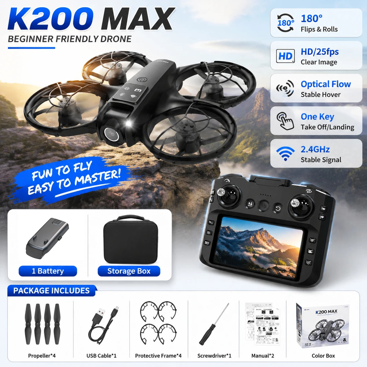 ZNLYRION Mini Drone K200MAX Full Protected  With LCD Screen Remote 180 Electric Adjustable Camera Brushless Motor Optical Flow Hover RGB Colorful Light RC Quadcopter