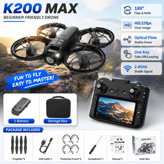 ZNLYRION Mini Drone K200MAX Full Protected  With LCD Screen Remote 180 Electric Adjustable Camera Brushless Motor Optical Flow Hover RGB Colorful Light RC Quadcopter