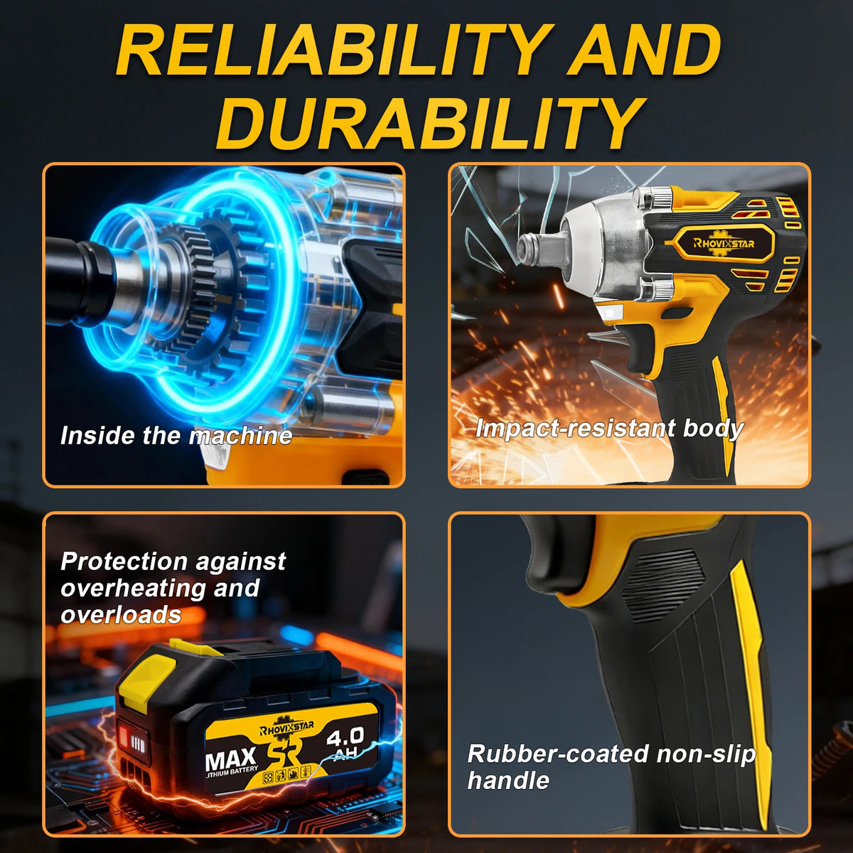 RhovixStar 20V Brushless Cordless Impact Wrench 580Nm High Torque 1/2 Inch Electric Power Impact Gun Kit with 2x 4.0Ah Batteries Charger Sockets Case for Car Lug Nuts