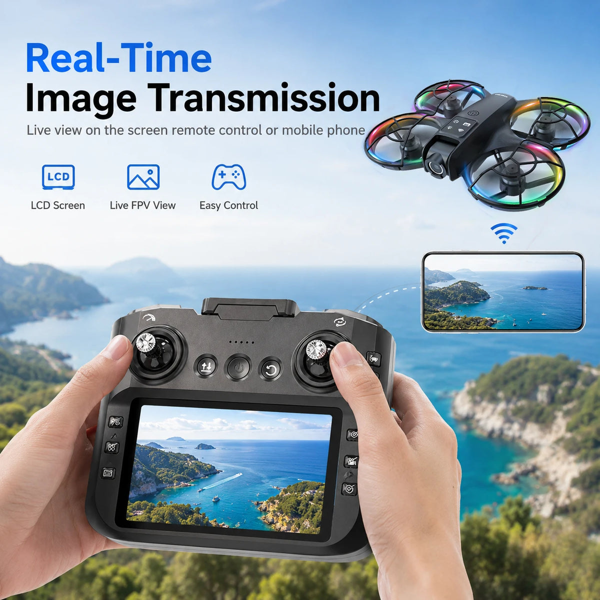 ZNLYRION Mini Drone K200MAX Full Protected  With LCD Screen Remote 180 Electric Adjustable Camera Brushless Motor Optical Flow Hover RGB Colorful Light RC Quadcopter