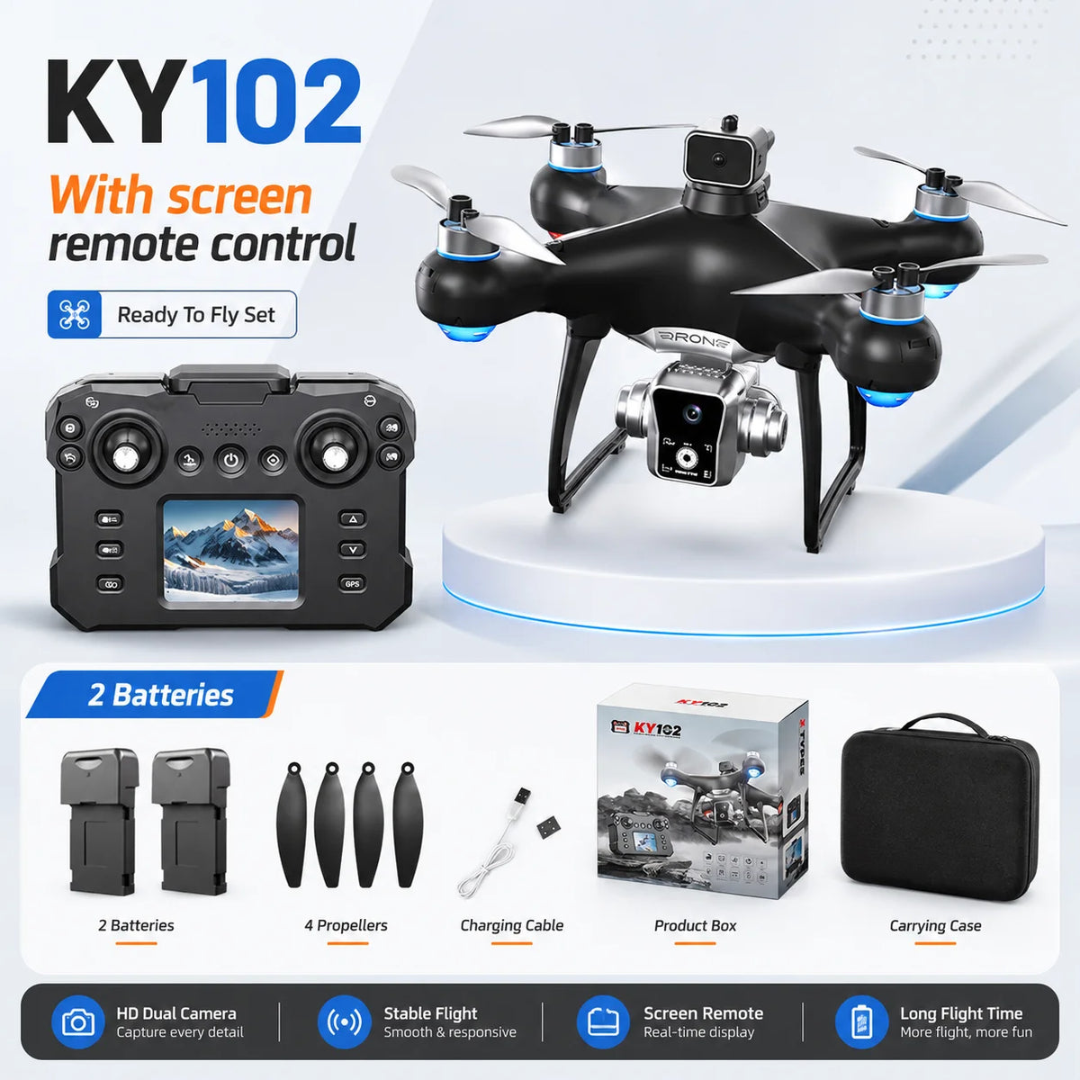 ZNLYRION Brushless Drone KY102 With Screen Remote 360 Obstacle Avoidance HD Dual Camera Optical Flow Hover Color LED Light RC Aerial Quadcopter