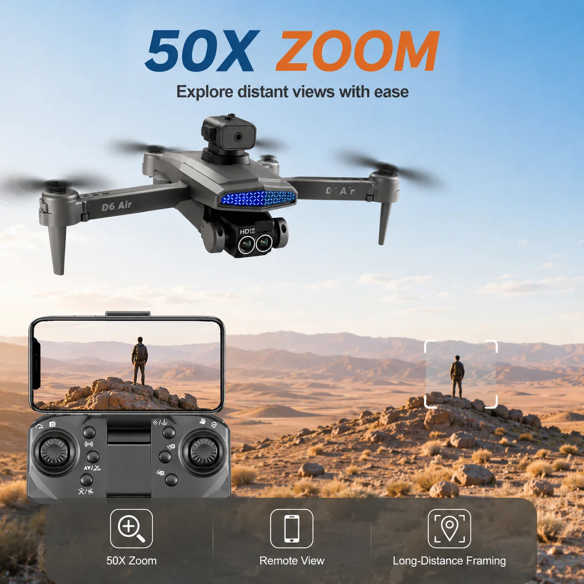 ZNLYRION RC Drone D6 Air Foldable 4K Dual Camera WiFi FPV Quadcopter with Optical Flow Hovering 540° Obstacle Avoidance 50X Zoom 2.4GHz 4CH Remote Control Drone with Storage Bag