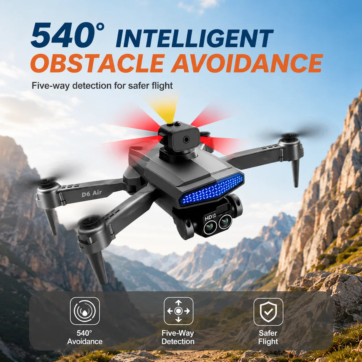 ZNLYRION RC Drone D6 Air Foldable 4K Dual Camera WiFi FPV Quadcopter with Optical Flow Hovering 540° Obstacle Avoidance 50X Zoom 2.4GHz 4CH Remote Control Drone with Storage Bag