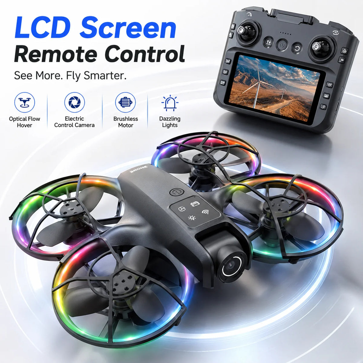 ZNLYRION Mini Drone K200MAX Full Protected  With LCD Screen Remote 180 Electric Adjustable Camera Brushless Motor Optical Flow Hover RGB Colorful Light RC Quadcopter