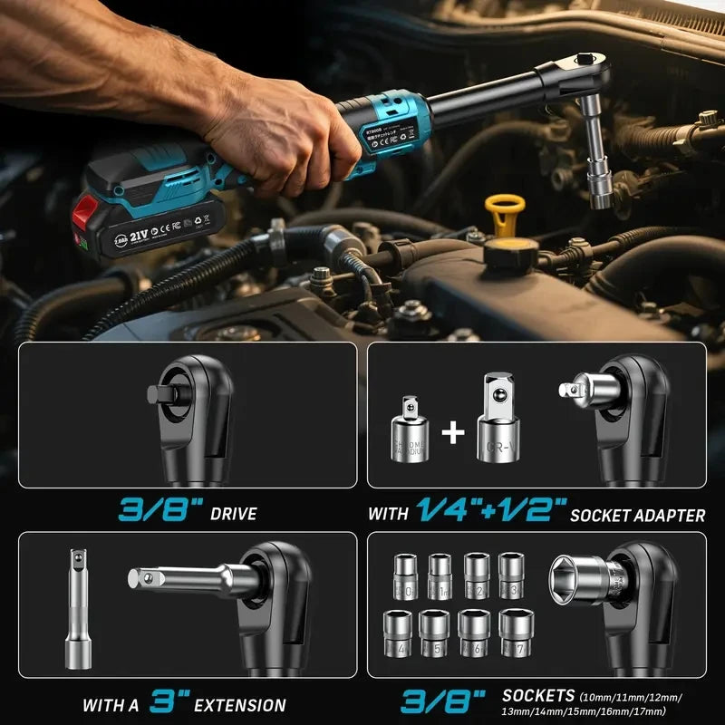 SEESII 3/8" 21V 6.3'' Extended Electric Ratchet Wrench Cordless Electric Wrench Rechargeable Angle Wrench Car Repair Tools for Makita 18v Battery Pin