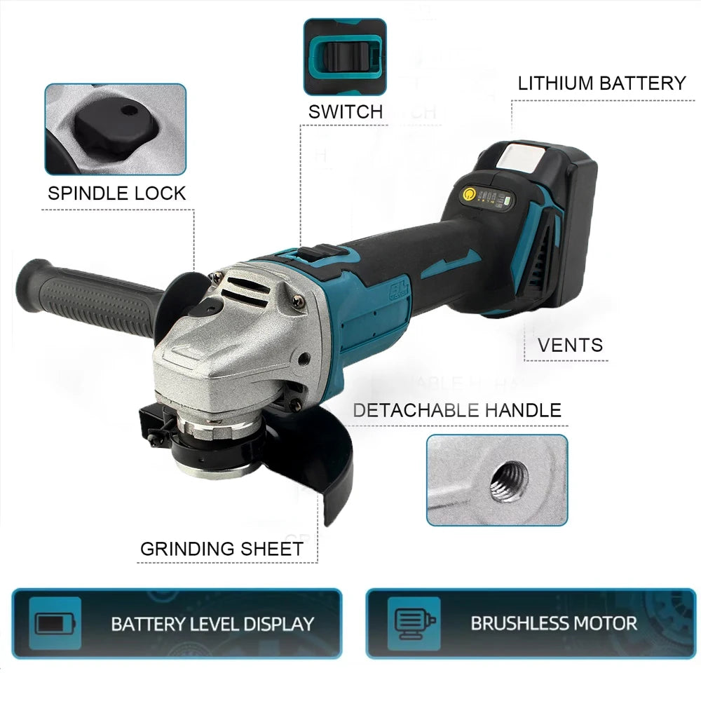 125MM Brushless Electric Angle Grinder Variable Speed M14 Cordless Grinder Cutting Machine Woodworking Power Tool for Makita 18V Battery Pin