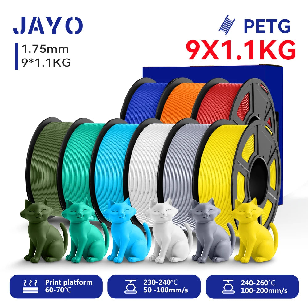 JAYO 9/10 Rolls 3D PETG/PLA/PLA PLUS Printer Filament 1.75mm 100% No Bubble non-toxic 3D Printing Materials for 3D Printer& Pen