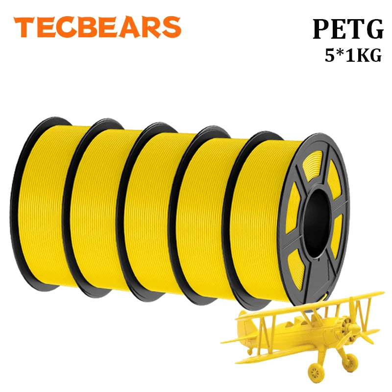 TECBEARS PETG 3D Printer Filament 1.75mm 5 Rolls 5KG Multi Color Petg Vacuum Packaging 100% No Bubble for FDM DIY Gift Material