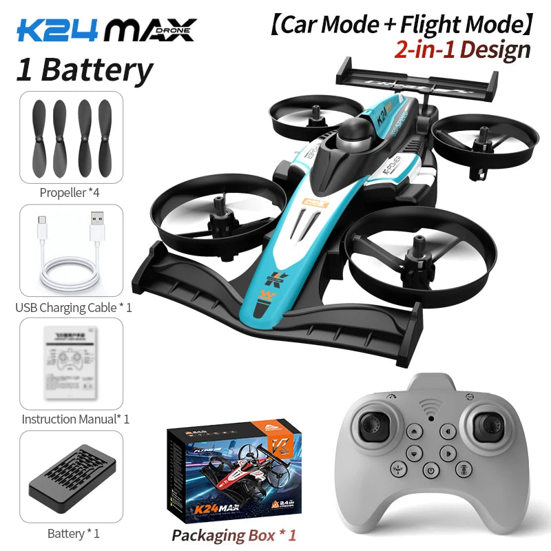Look here! A mini car and drone combo - a dual-mode, multi-functional gift! One-button takeoff, stable hovering, racing mode, headless mode, and 360° aerial flips. The perfect Christmas gift or a fun birthday present!
