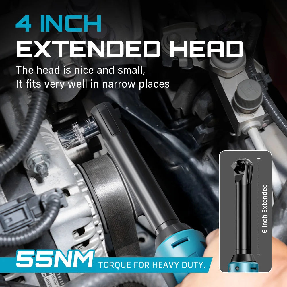 SEESII 6' Extended Ratchet Wrench 3/8" Cordless Electric Wrench 55Nm 12V Rechargeable Angle Wrench Car Repair Tools W/2 Batteries
