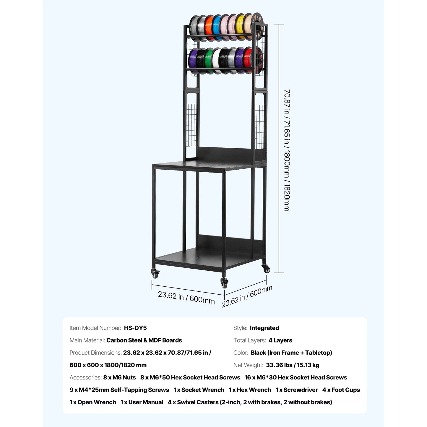 SucceBuy 4-Tier 3D Printer Filament Storage Rack with Wheels Printer Stand Spools Holder Cart for 3D Printing Station Office