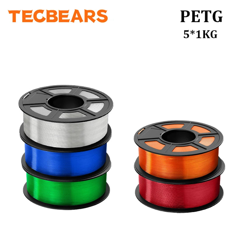 TECBEARS PETG 3D Printer Filament 1.75mm 5 Rolls 5KG Multi Color Petg Vacuum Packaging 100% No Bubble for FDM DIY Gift Material