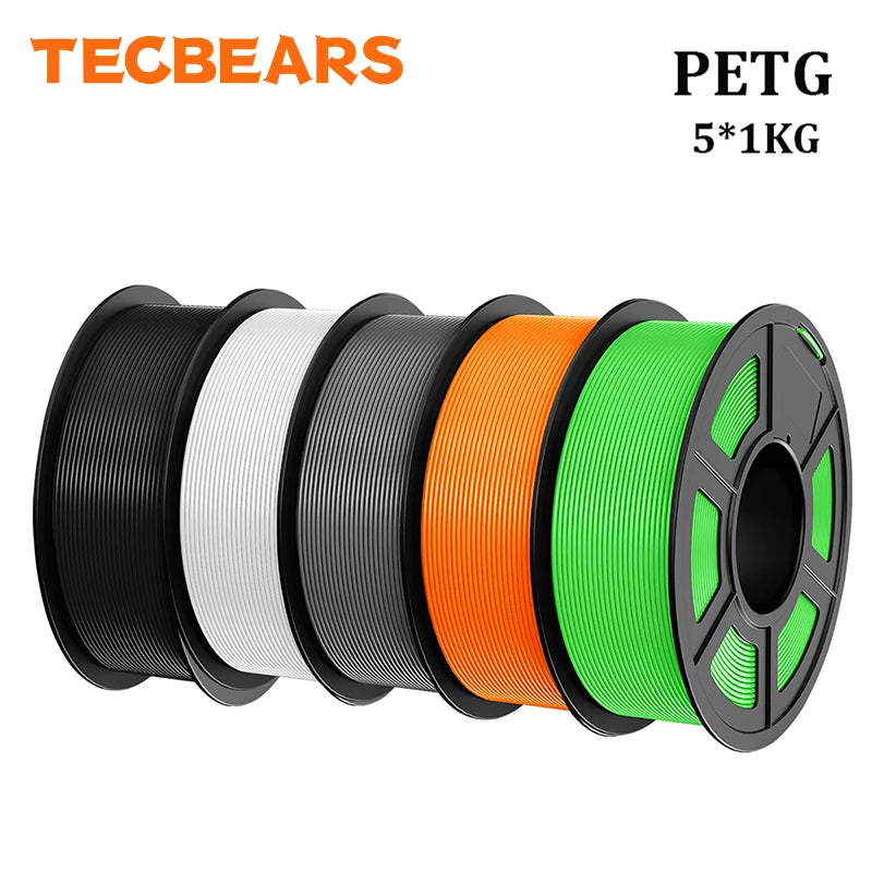 TECBEARS PETG 3D Printer Filament 1.75mm 5 Rolls 5KG Multi Color Petg Vacuum Packaging 100% No Bubble for FDM DIY Gift Material