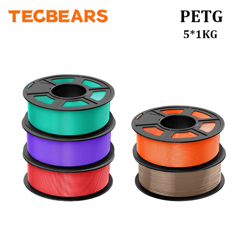 TECBEARS PETG 3D Printer Filament 1.75mm 5 Rolls 5KG Multi Color Petg Vacuum Packaging 100% No Bubble for FDM DIY Gift Material