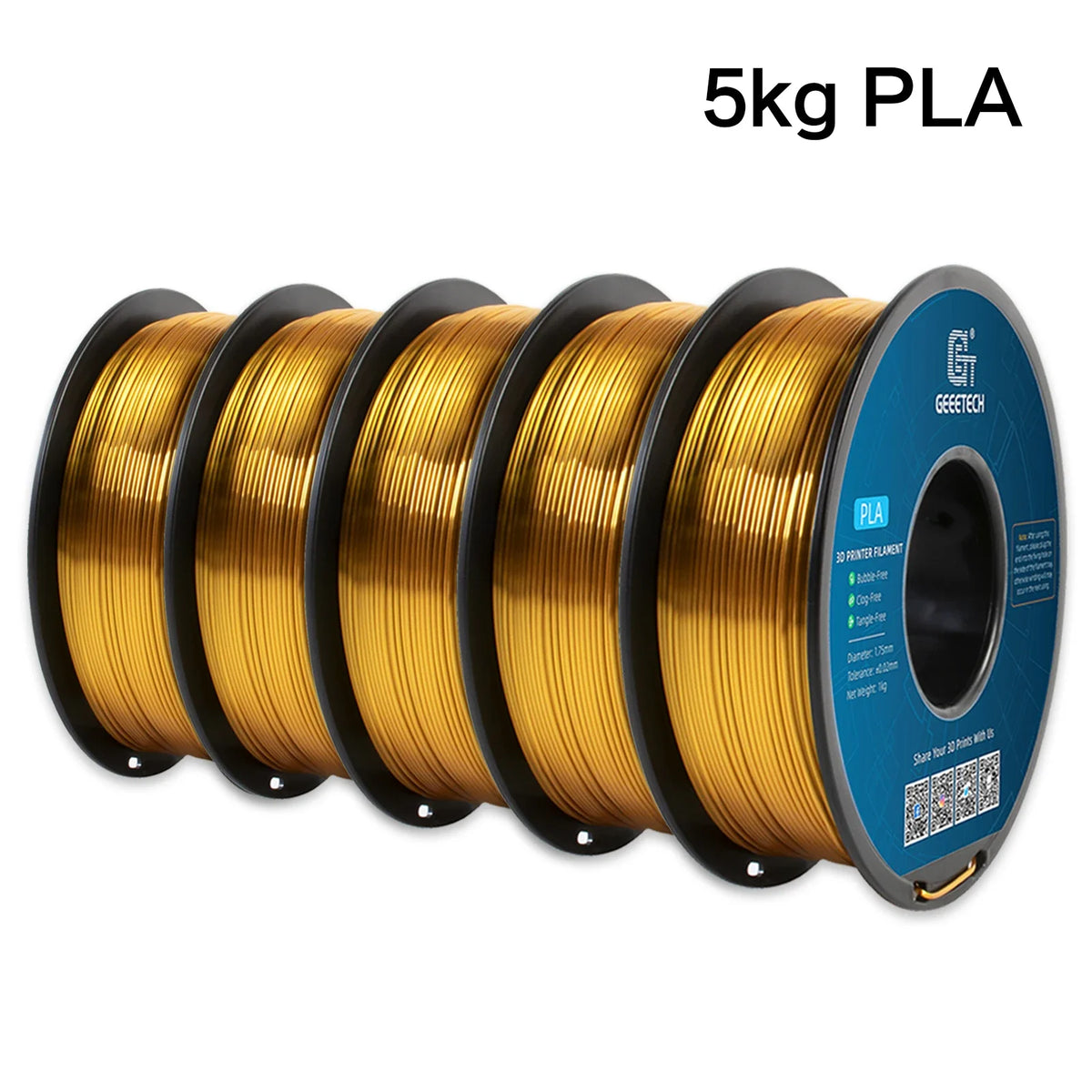 GEEETECH 5Kg 3D Silk PLA Filament 1.75mm High Gloss Surface Neat Wrapped Dimensional Accuracy /-0.02mm Vacuum Packaging