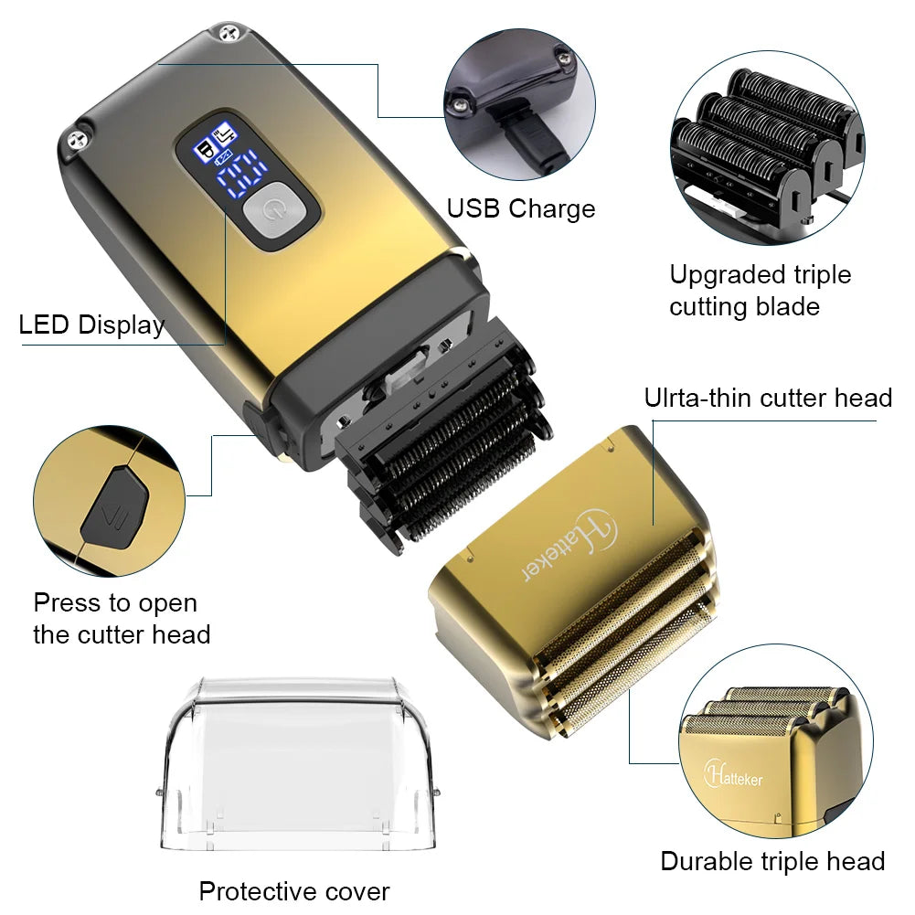 Hatteker Powerful Foil Electric Shaver Hair Durable Triple Head Shaving Machine for Men Beard Electric Razor Barber Tool