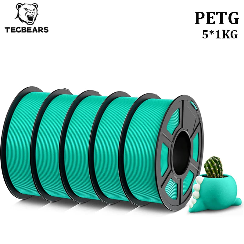 TECBEARS PETG 3D Printer Filament 1.75mm 5 Rolls 5KG Multi Color Petg Vacuum Packaging 100% No Bubble for FDM DIY Gift Material