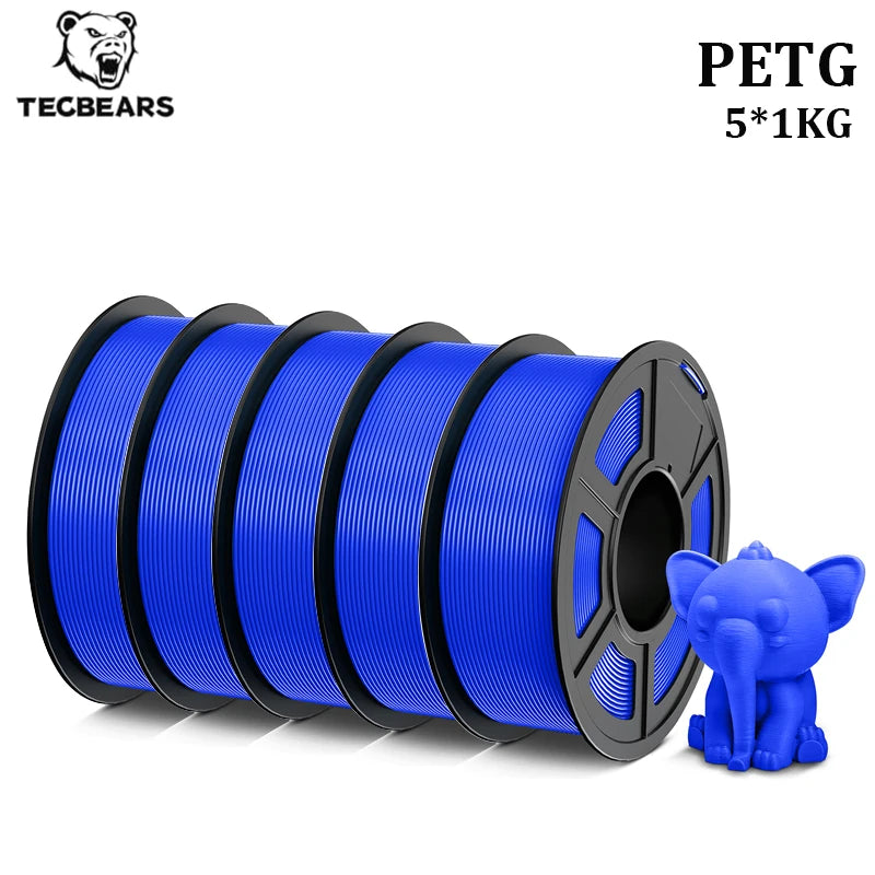 TECBEARS PETG 3D Printer Filament 1.75mm 5 Rolls 5KG Multi Color Petg Vacuum Packaging 100% No Bubble for FDM DIY Gift Material