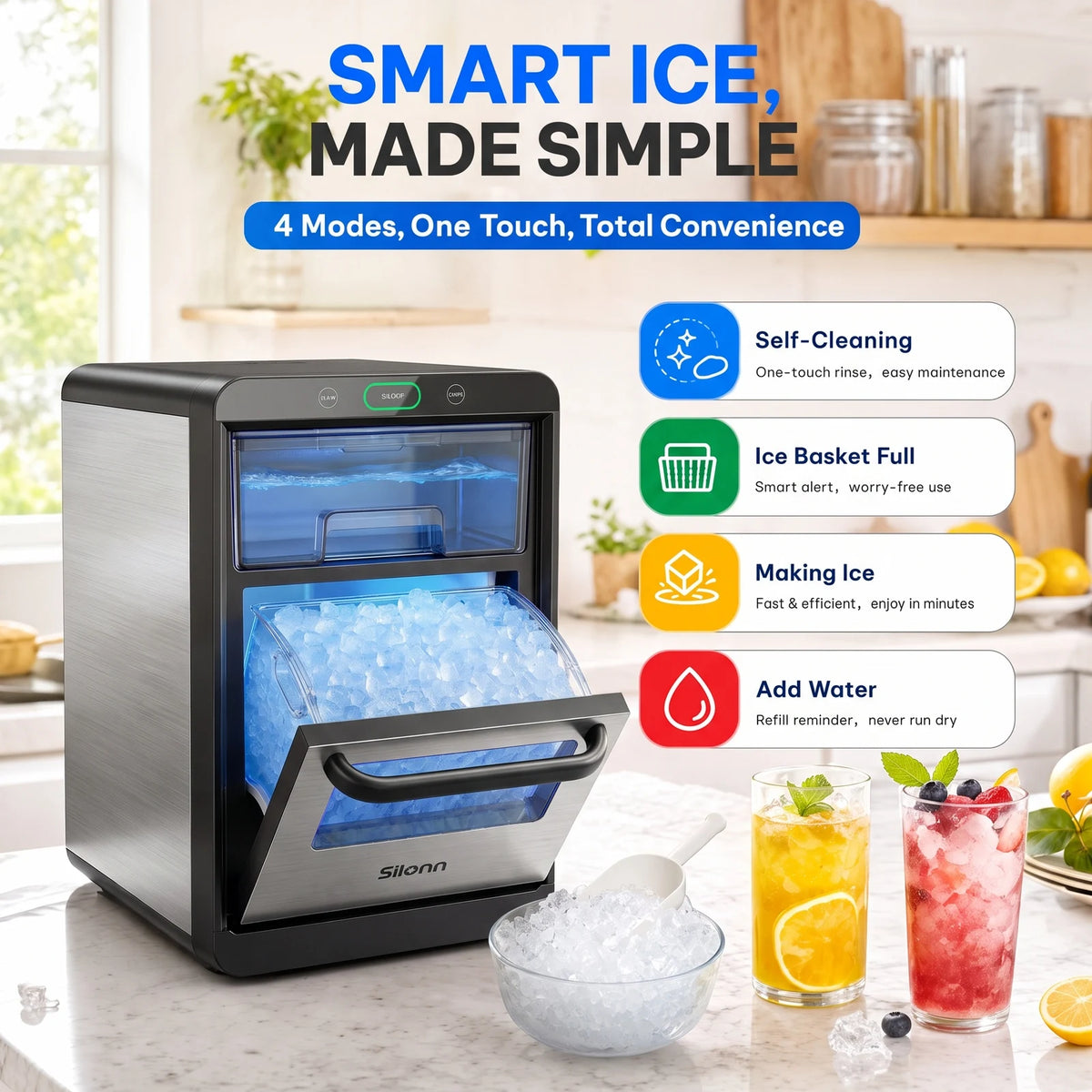 Nugget Ice Maker Countertop - Smart Pebble Ice Machine, Delivers in Just 10 Minutes, Pellet Ice 44 lbs per Day, Crushed Ice from Timer Function and Status Alerts with App