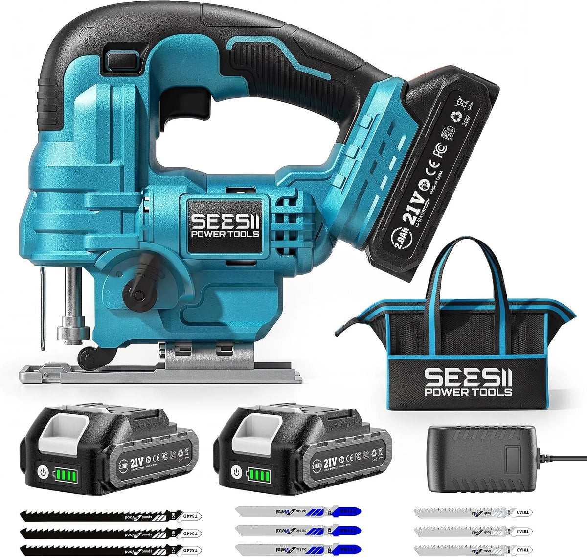 SEESII Cordless Jigsaw Tool ±45° Bevel Cuts Jig Saw 4 Orbital Multi-Function Electric Curve Saw Pipes Wood Cutting Tool