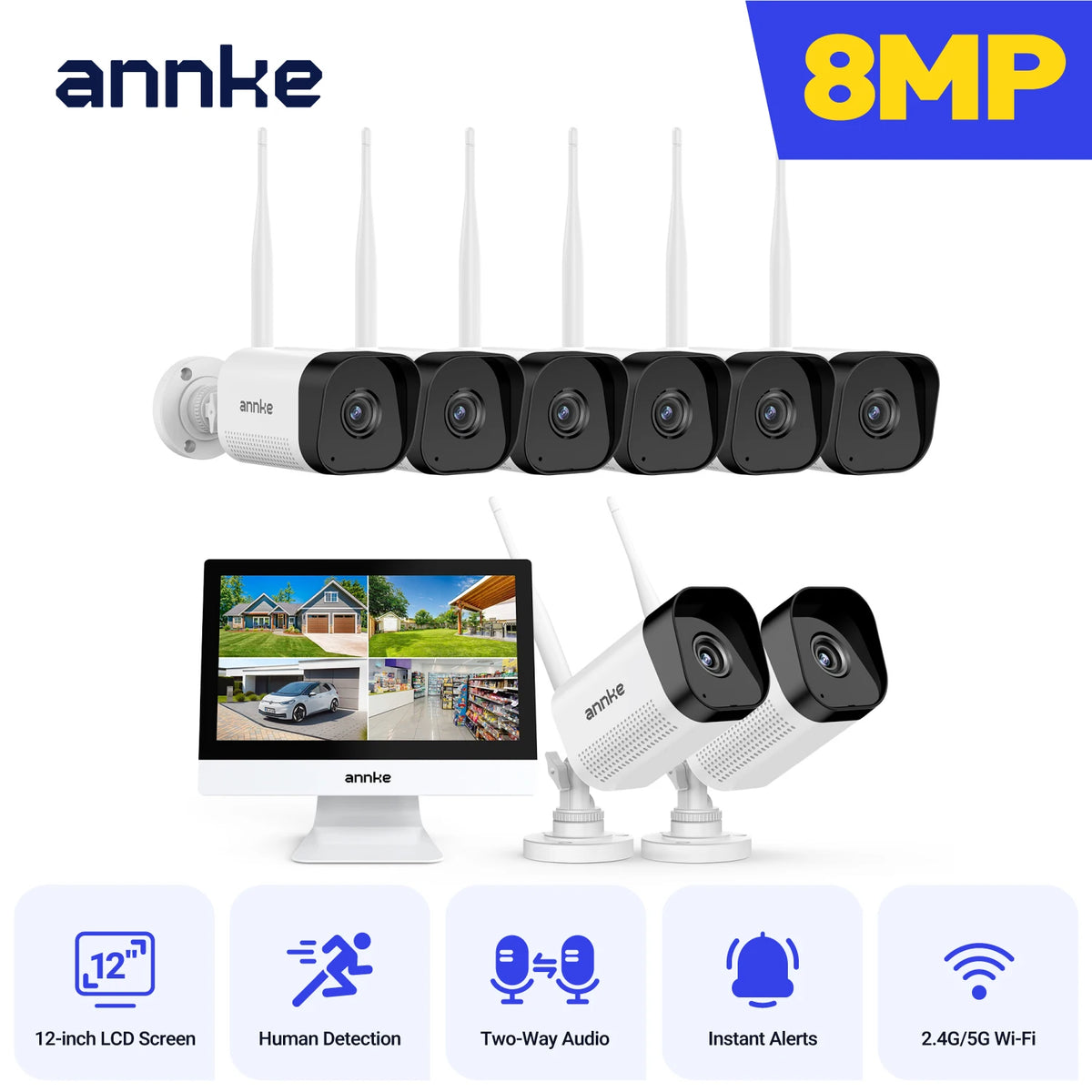 Annke 8MP wifi security camera 12 in LCD 2.4G 5.8G 4k wireless camera system Two-way voice IR night vision Outdoor wifi camera