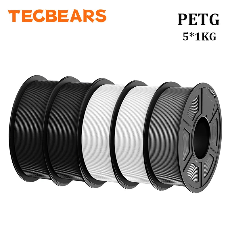 TECBEARS PETG 3D Printer Filament 1.75mm 5 Rolls 5KG Multi Color Petg Vacuum Packaging 100% No Bubble for FDM DIY Gift Material