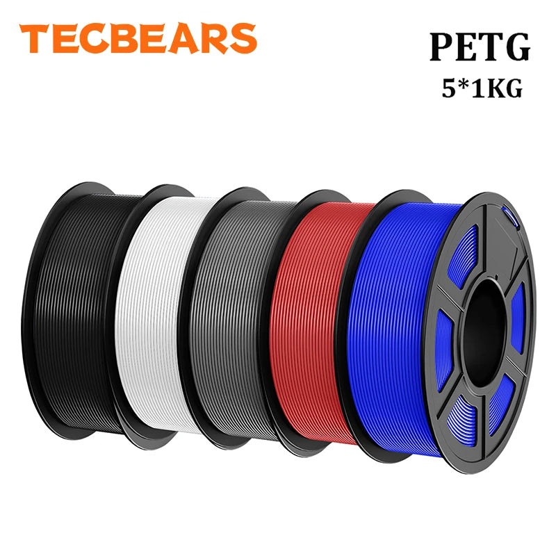 TECBEARS PETG 3D Printer Filament 1.75mm 5 Rolls 5KG Multi Color Petg Vacuum Packaging 100% No Bubble for FDM DIY Gift Material