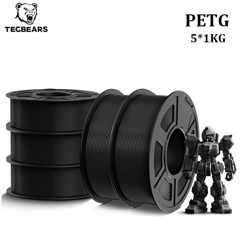 TECBEARS PETG 3D Printer Filament 1.75mm 5 Rolls 5KG Multi Color Petg Vacuum Packaging 100% No Bubble for FDM DIY Gift Material