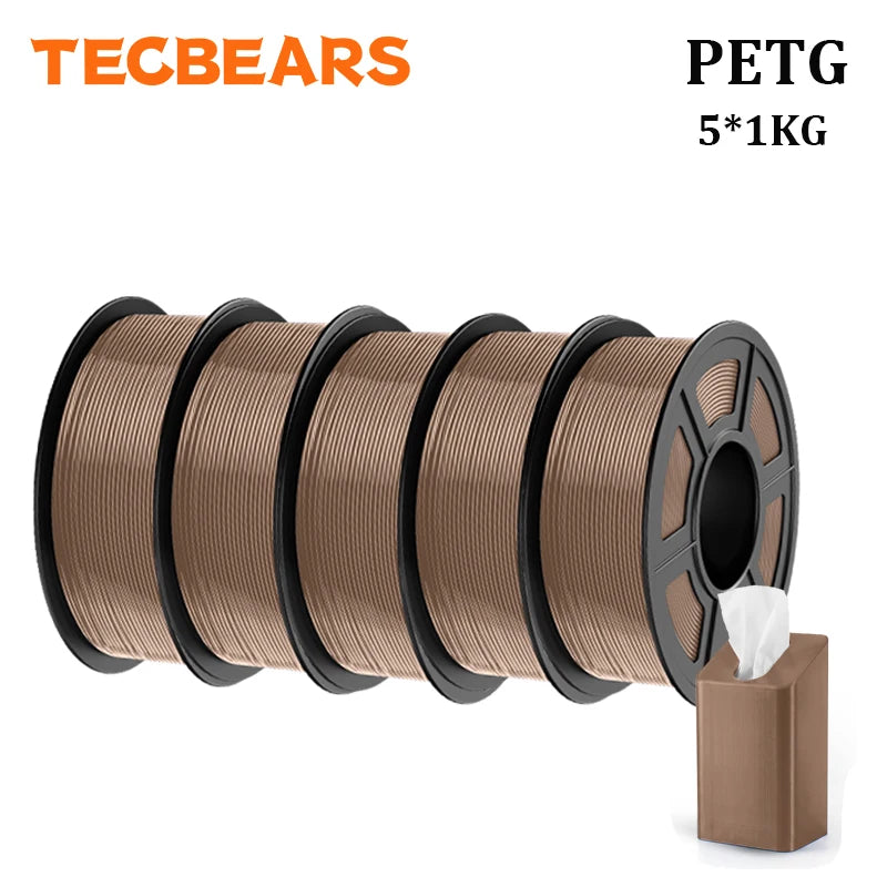 TECBEARS PETG 3D Printer Filament 1.75mm 5 Rolls 5KG Multi Color Petg Vacuum Packaging 100% No Bubble for FDM DIY Gift Material
