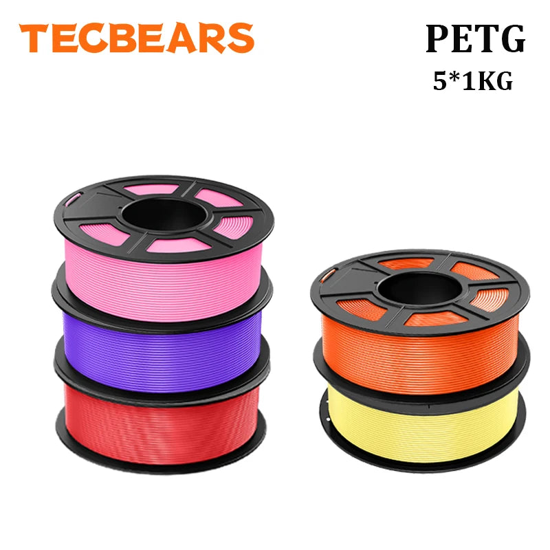 TECBEARS PETG 3D Printer Filament 1.75mm 5 Rolls 5KG Multi Color Petg Vacuum Packaging 100% No Bubble for FDM DIY Gift Material