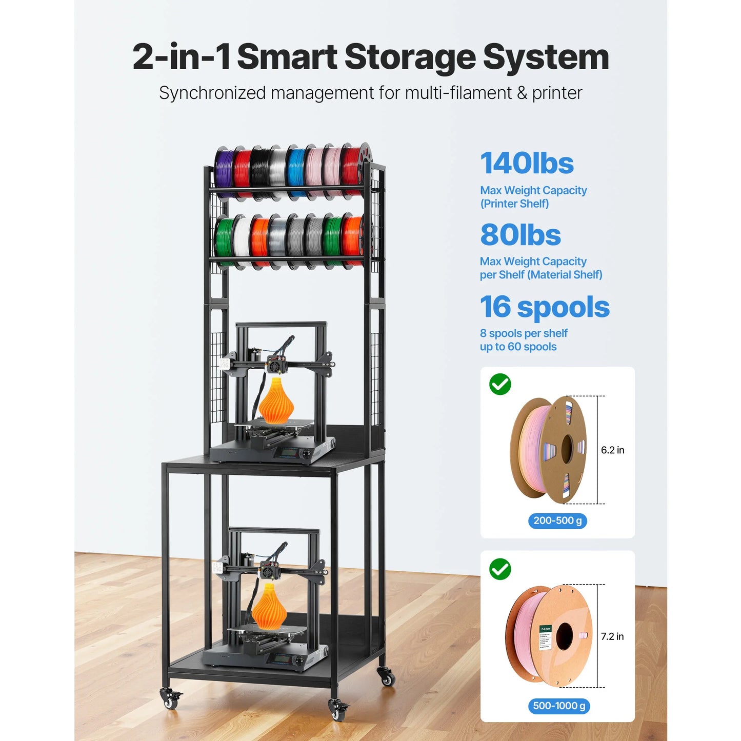 SucceBuy 4-Tier 3D Printer Filament Storage Rack with Wheels Printer Stand Spools Holder Cart for 3D Printing Station Office