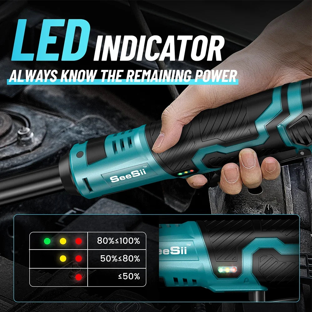 Seesii 3/8'' 6'' Extended Ratchet Wrench Electric Angle Wrench 55Nm Cordless Electric Wrench Driver Auto Repair Tools Set 12V