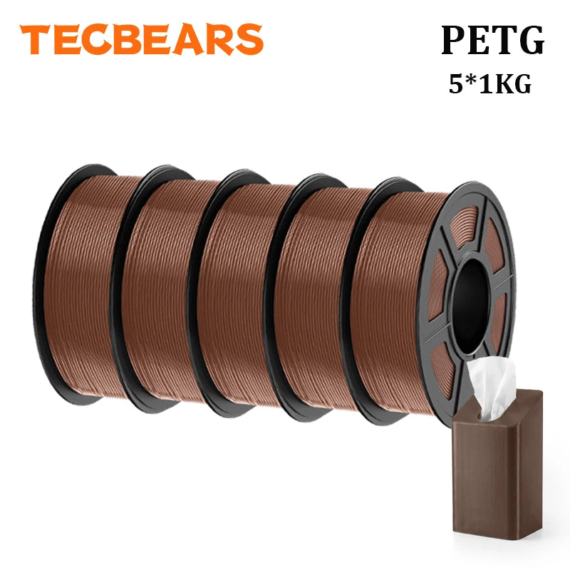 TECBEARS PETG 3D Printer Filament 1.75mm 5 Rolls 5KG Multi Color Petg Vacuum Packaging 100% No Bubble for FDM DIY Gift Material