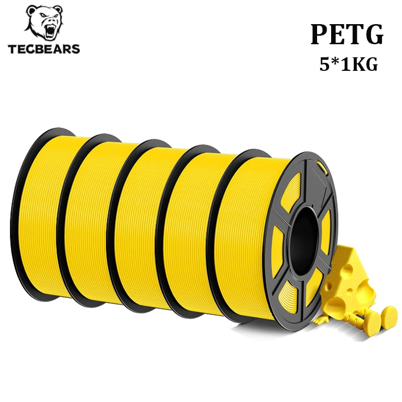TECBEARS PETG 3D Printer Filament 1.75mm 5 Rolls 5KG Multi Color Petg Vacuum Packaging 100% No Bubble for FDM DIY Gift Material