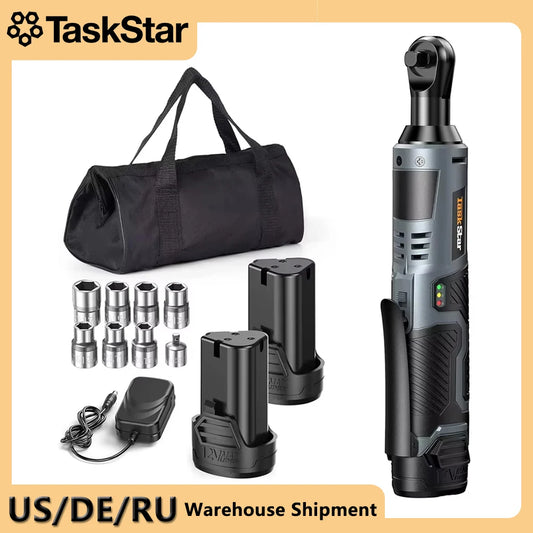 TaskStar 12V Cordless Right Angle Electric Wrench 3/8" Ratchet Wrench Disassembly Nut Car Repair Tools w/7 Sockets&2 Batteries