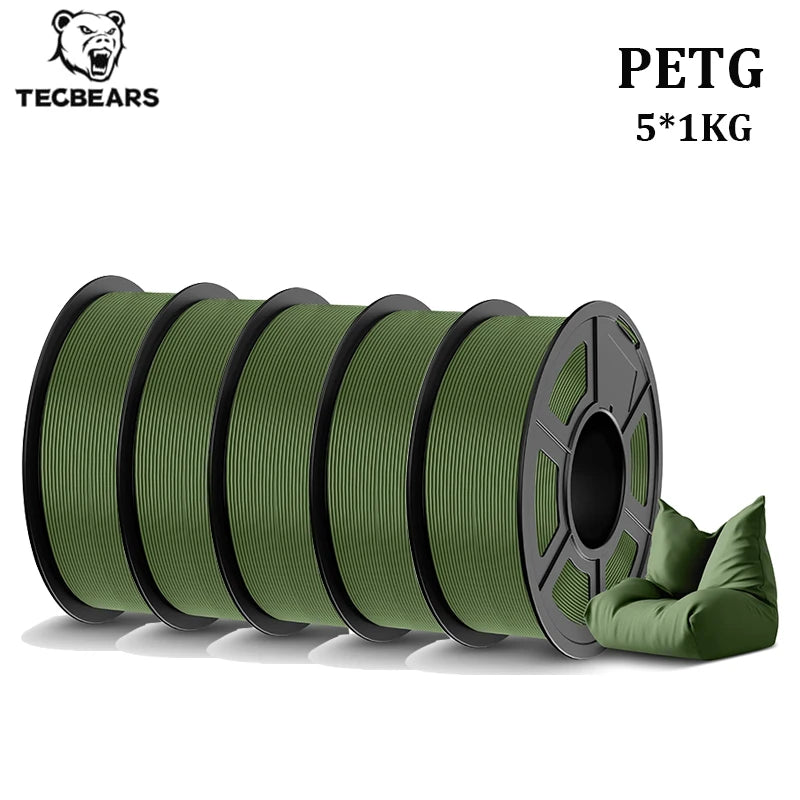 TECBEARS PETG 3D Printer Filament 1.75mm 5 Rolls 5KG Multi Color Petg Vacuum Packaging 100% No Bubble for FDM DIY Gift Material